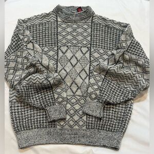 Vintage Textured Knit Sweater Chunky Mock Neck Pullover Neutral Gray